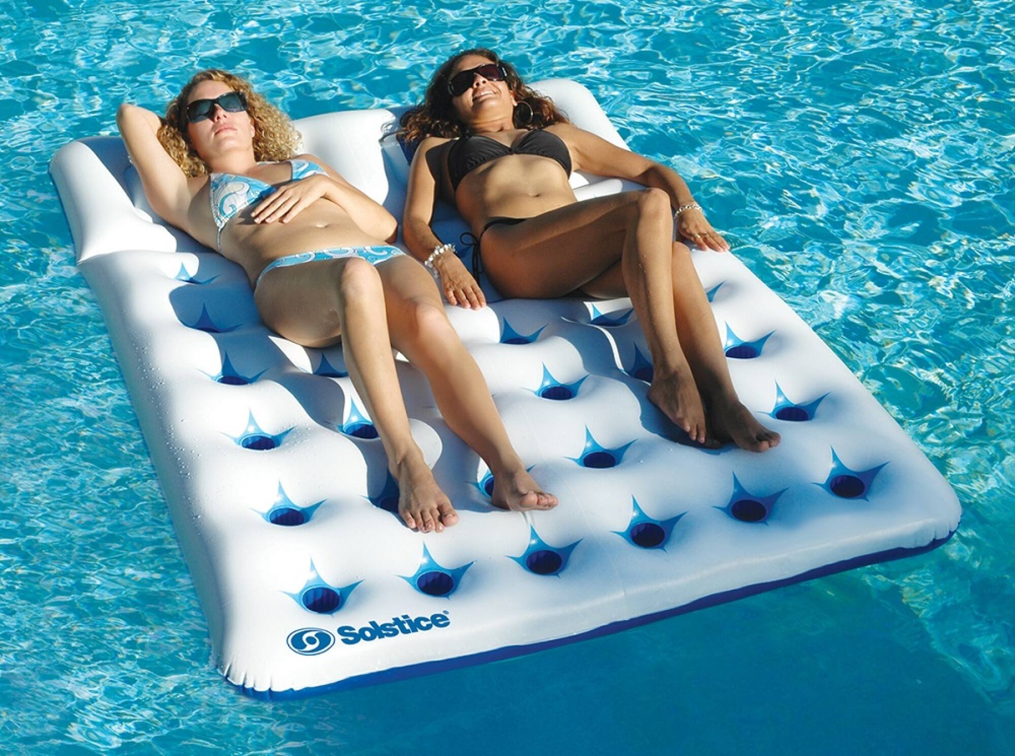 76" White & Blue 36 Pocket Dual Window Inflatable Pool Air Mattress